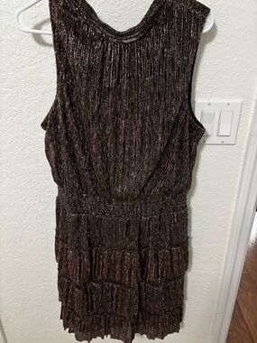 Sleeveless Brown Metallic Mini Dress with Tiered Skirt
